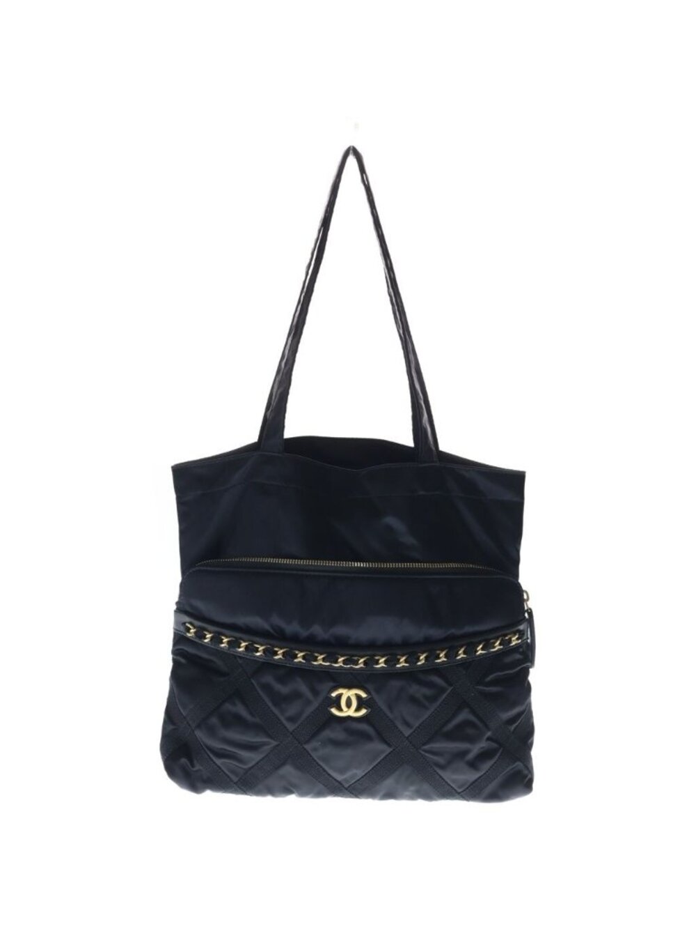 Chanel CC Logo Ecoport Tote Bag Black Satin Gold